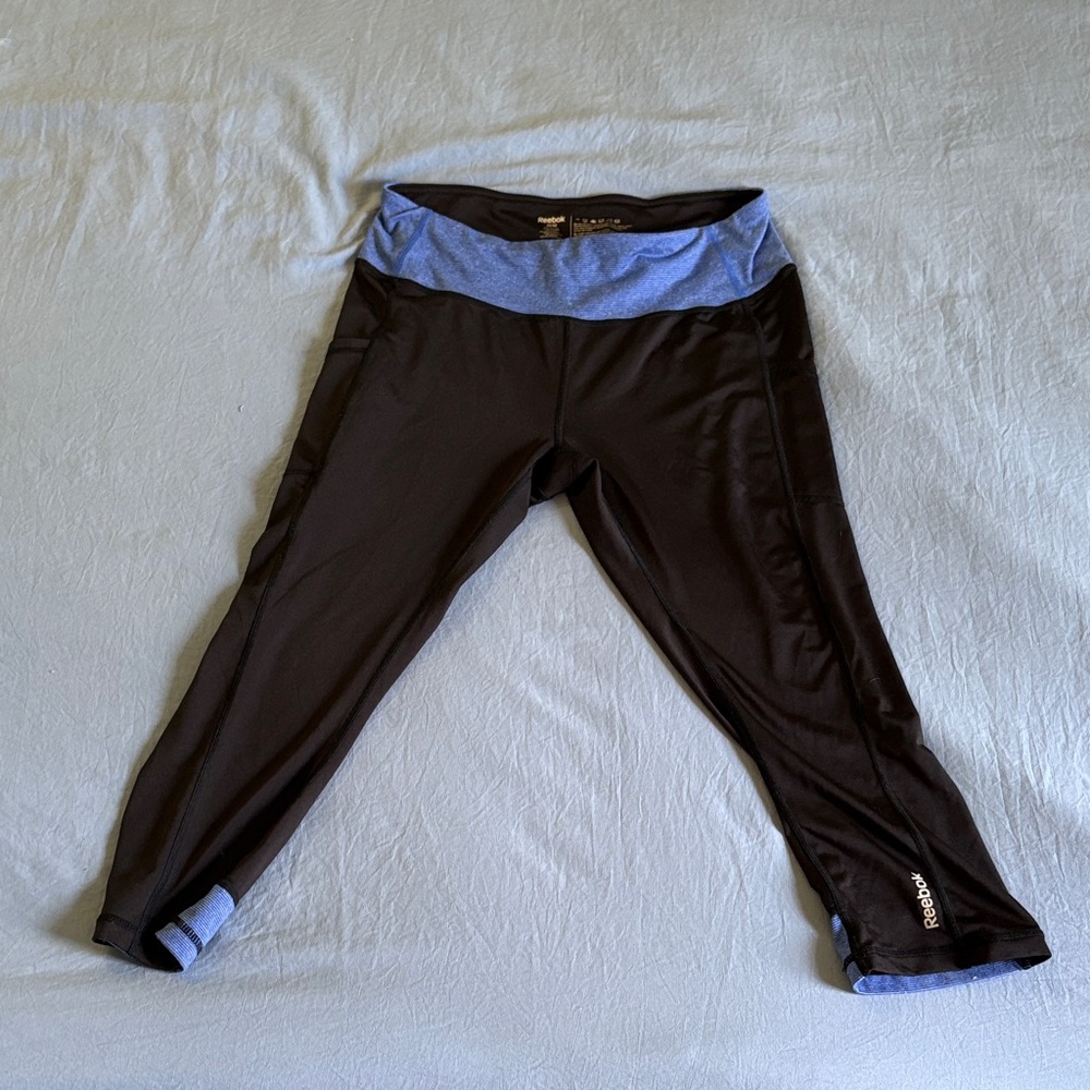 Reebok Black Capri Leggings with Blue Waistband